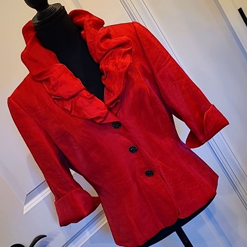 Adrianna Papell Red Ruffled Collar Blazer